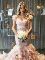 Pink Mermaid Tulle Pleats Beading Wedding Dress