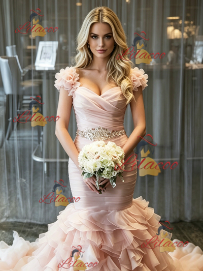 Pink Mermaid Tulle Pleats Beading Wedding Dress
