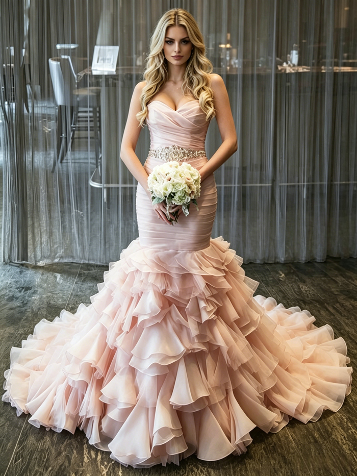 Pink Mermaid Tulle Pleats Wedding Dress
