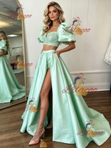 Green Satin Two Piece Prom Dress