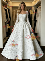White Short Sleeve Square Neck Flower Wedding Dress