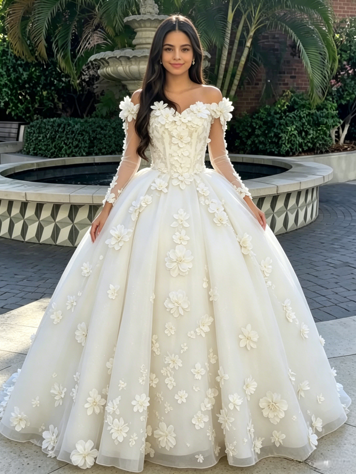Beige White Tulle Long Sleeve 3D Flower Quinceanera Dress