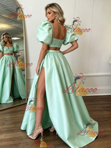 Green Satin Two Piece Prom Dress