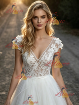 White Tulle Lace V-neck Wedding Dress