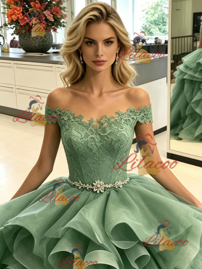 Green Tulle Off the Lace Prom Dress