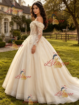 Champagne Tulle Long Sleeve Appliques Quinceanera Dress