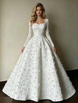 White Short Sleeve Square Neck Flower Wedding Dress