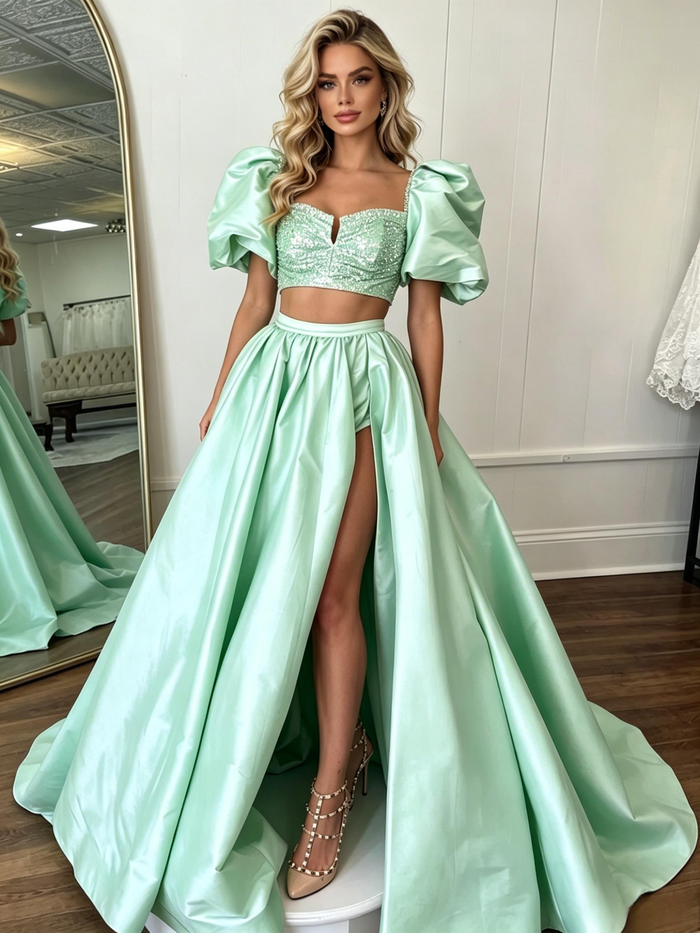 Green Satin Two Piece Prom Dress