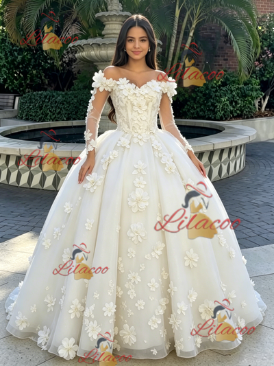 Beige White Tulle Long Sleeve 3D Flower Quinceanera Dress