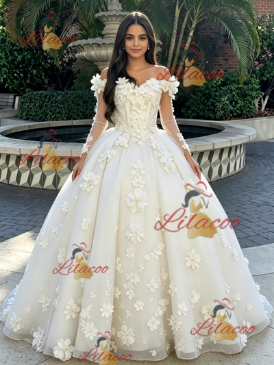 Beige White Tulle Long Sleeve 3D Flower Quinceanera Dress