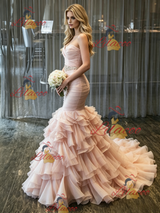 Pink Mermaid Tulle Pleats Wedding Dress
