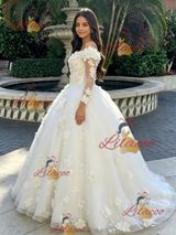 Beige White Tulle Long Sleeve 3D Flower Quinceanera Dress
