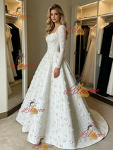 White Short Sleeve Square Neck Flower Wedding Dress