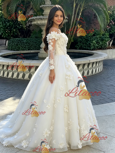 Beige White Tulle Long Sleeve 3D Flower Quinceanera Dress