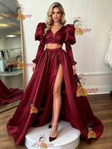 Burgundy Satin Long Sleeve Split Prom Dress