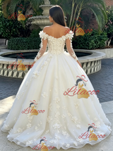 Beige White Tulle Long Sleeve 3D Flower Quinceanera Dress