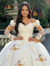 Beige White Tulle Long Sleeve 3D Flower Quinceanera Dress