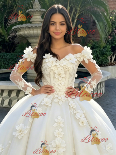 Beige White Tulle Long Sleeve 3D Flower Quinceanera Dress