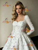 White Short Sleeve Square Neck Flower Wedding Dress