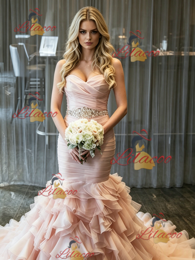 Pink Mermaid Tulle Pleats Wedding Dress