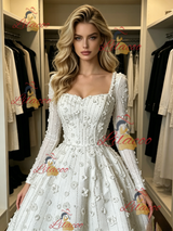 White Short Sleeve Square Neck Flower Wedding Dress