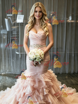 Pink Mermaid Tulle Pleats Wedding Dress