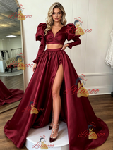 Burgundy Satin Long Sleeve Split Prom Dress