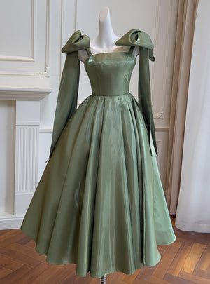Green Vintage Straps Bow Prom Dress