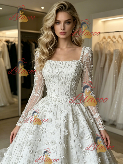 White Short Sleeve Flower Wedding Dress