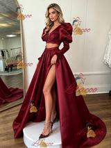 Burgundy Satin Long Sleeve Split Prom Dress