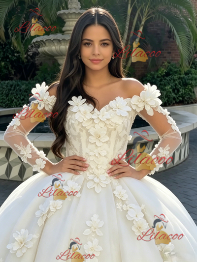 Beige White Tulle Long Sleeve 3D Flower Quinceanera Dress