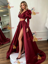 Burgundy Satin Long Sleeve Split Prom Dress