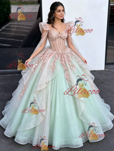 Green Tulle Straps Appliques Quinceanera Dress