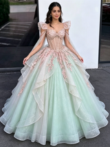 Green Tulle Straps Appliques Quinceanera Dress