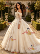 Champagne Tulle Long Sleeve Appliques Quinceanera Dress