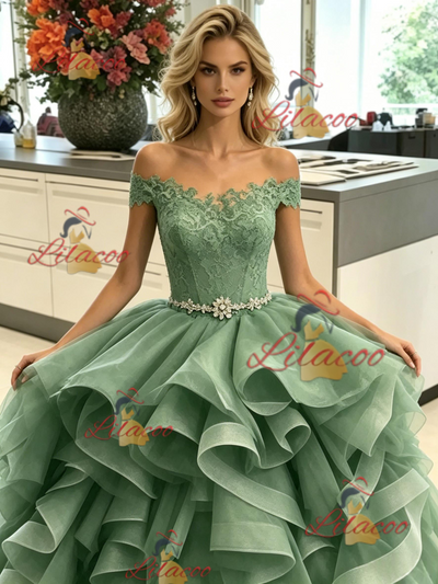 Green Tulle Off the Lace Prom Dress