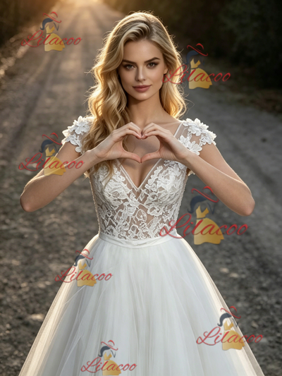 White Tulle Lace V-neck Wedding Dress