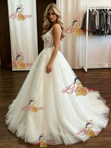 White Tulle Straps Appliques Wedding Dress