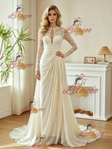 Ivory Long Sleeve Lace Pleats Wedding Dress