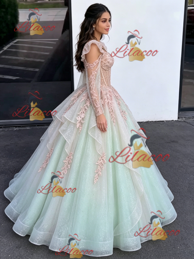 Green Tulle Straps Appliques Quinceanera Dress