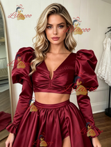 Burgundy Satin Long Sleeve Split Prom Dress