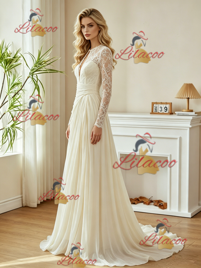 Ivory Long Sleeve Lace Pleats Wedding Dress