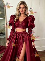 Burgundy Satin Long Sleeve Split Prom Dress