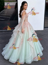 Green Tulle Straps Appliques Quinceanera Dress