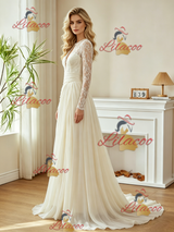 Ivory Long Sleeve Lace Pleats Wedding Dress