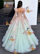 Green Tulle Straps Appliques Quinceanera Dress