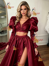 Burgundy Satin Long Sleeve Split Prom Dress