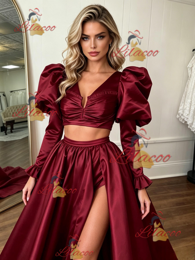 Burgundy Satin Long Sleeve Split Prom Dress