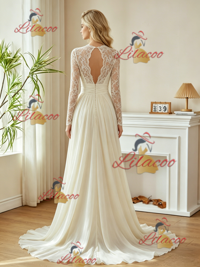 Ivory Long Sleeve Lace Pleats Wedding Dress