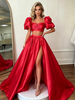 Red Satin Two Piece Puff Sleeve Prom Dress